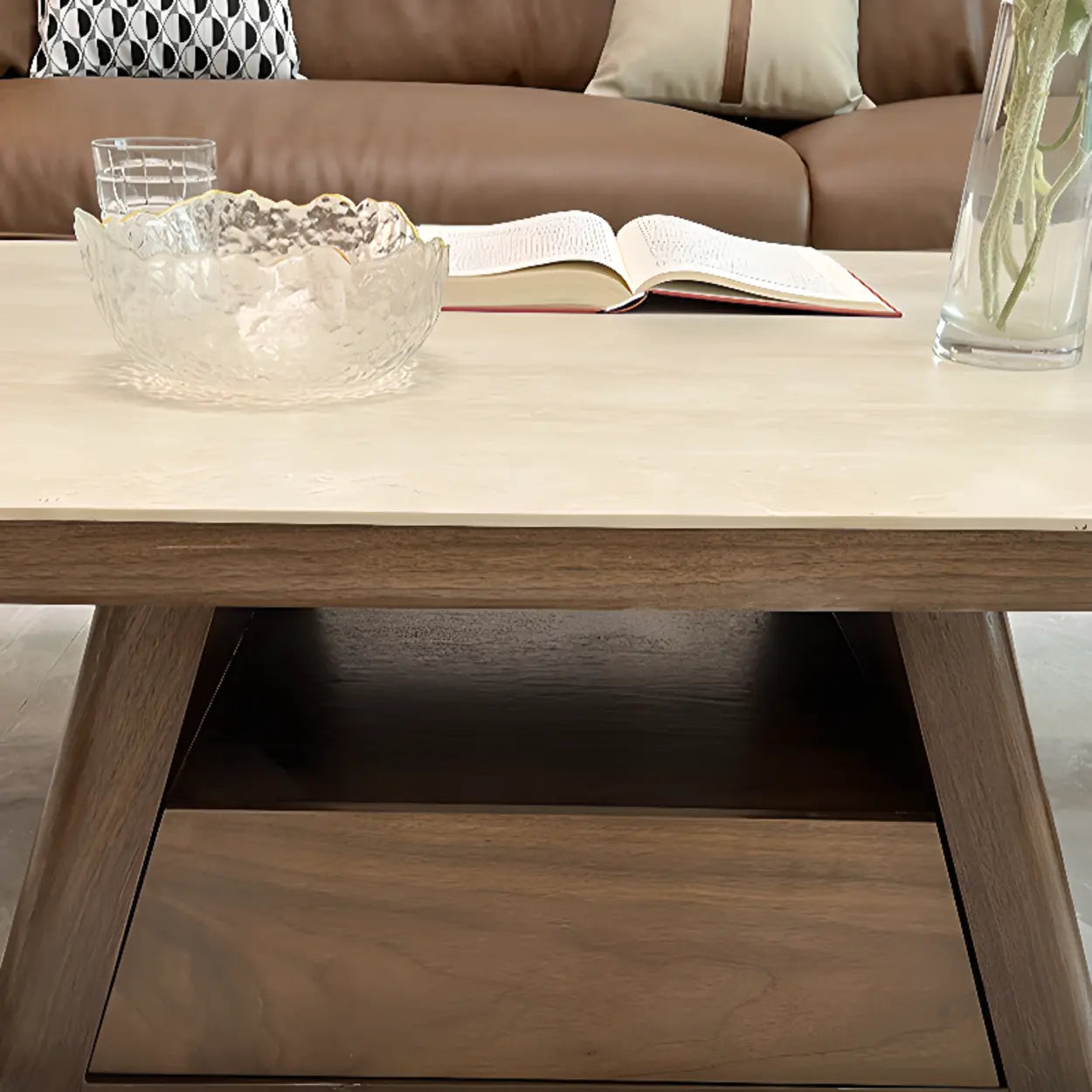 Beige Wood Rectangular Nesting Coffee Table with Drawer