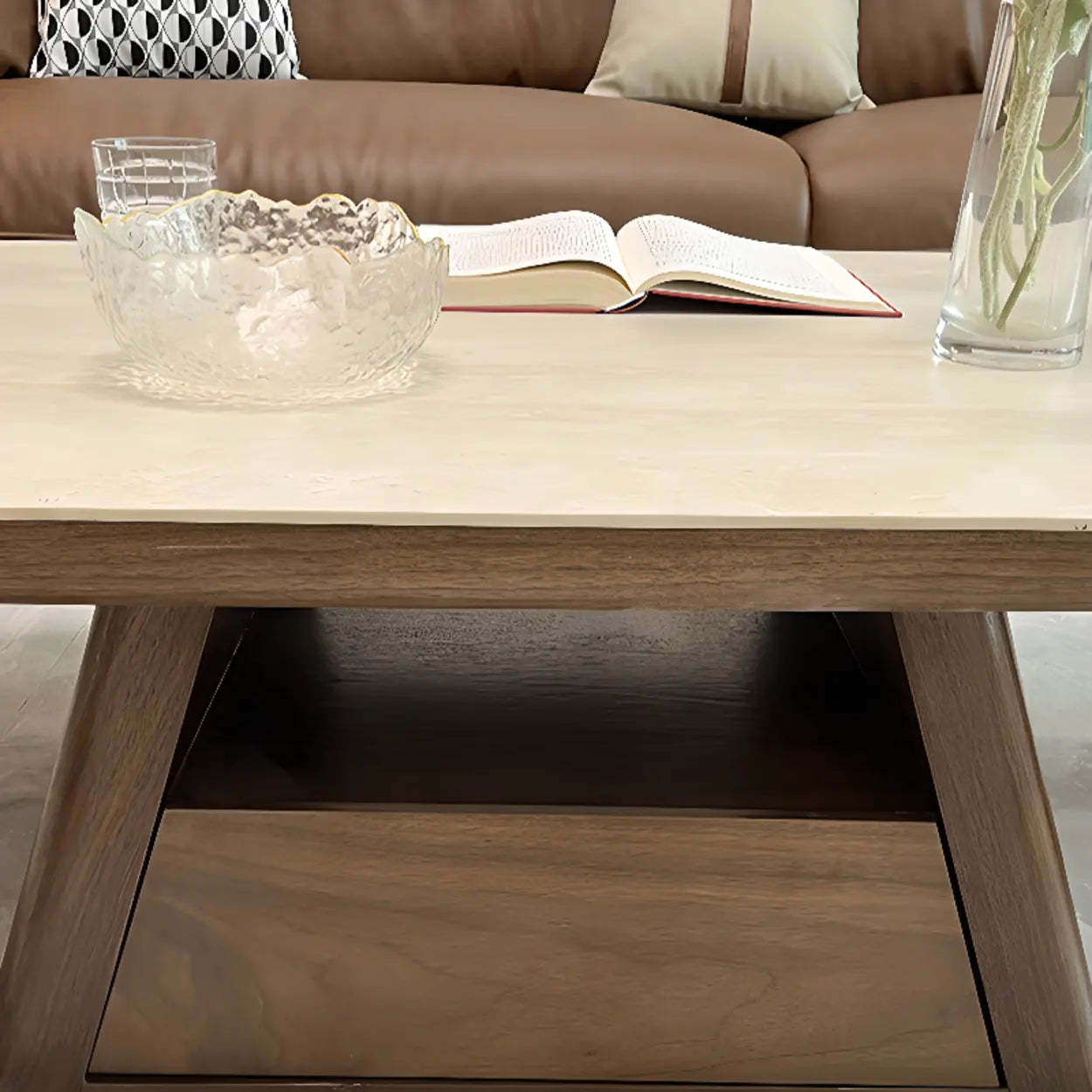Beige Wood Rectangular Nesting Coffee Table with Drawer