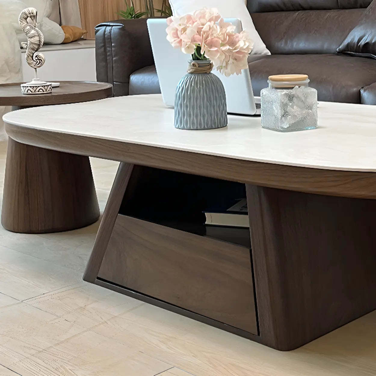 Beige Wood Rectangular Nesting Coffee Table with Drawer