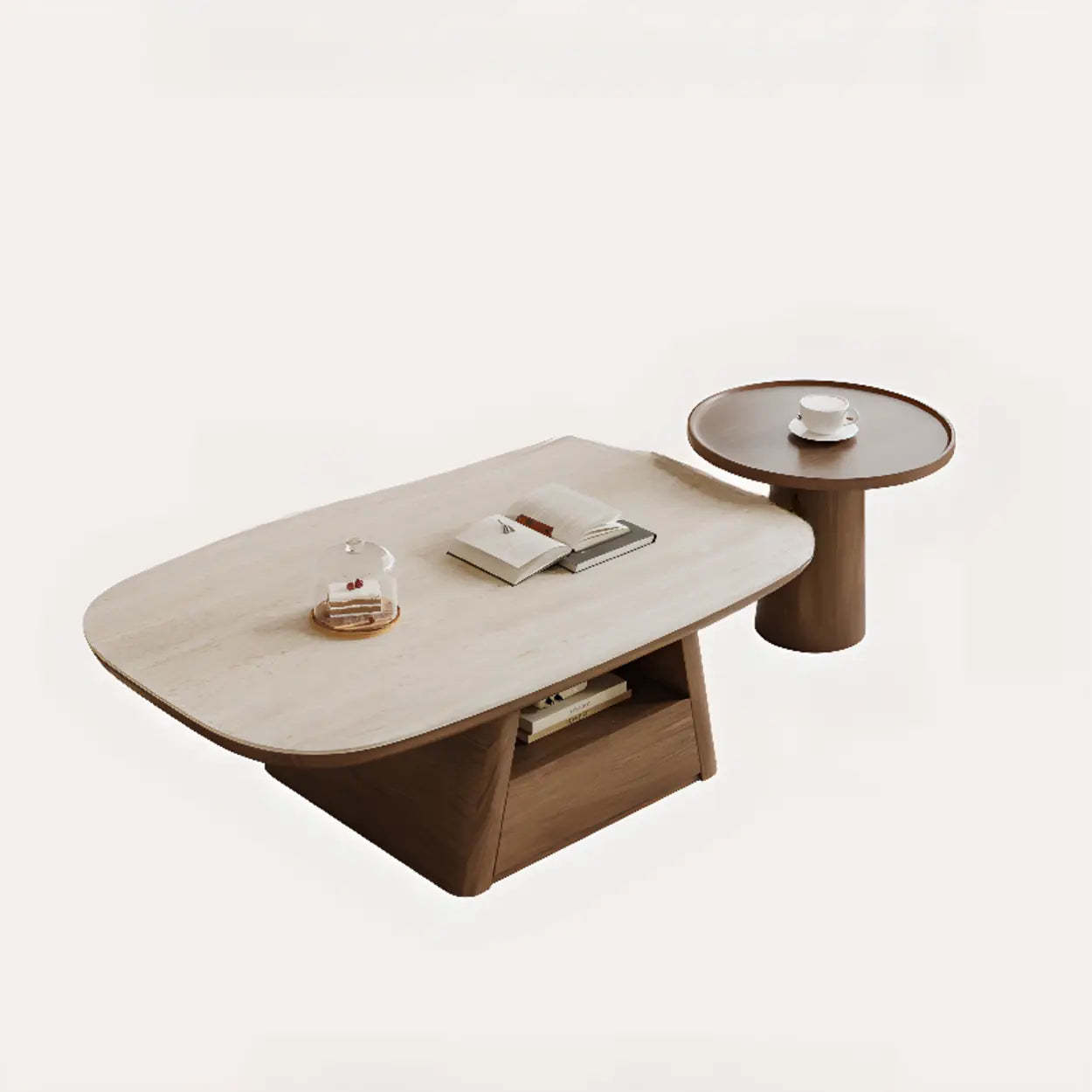 Beige Wood Rectangular Nesting Coffee Table with Drawer — Wood / Double Pedestal