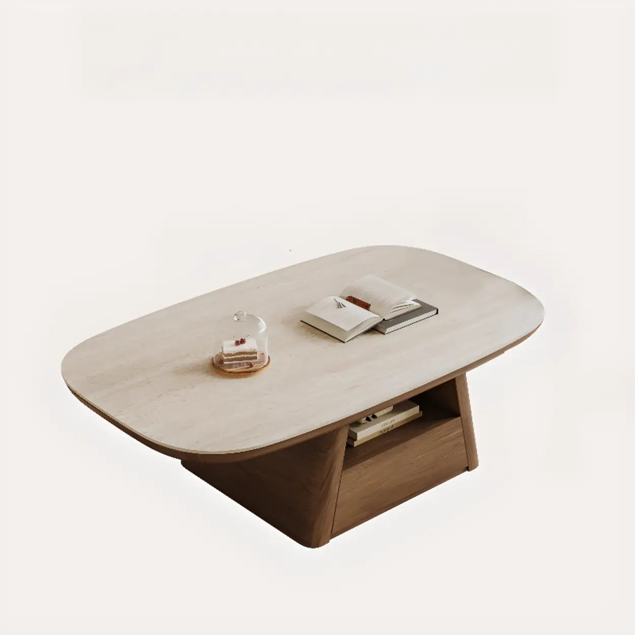 Beige Wood Rectangular Nesting Coffee Table with Drawer — Travertine / Pedestal