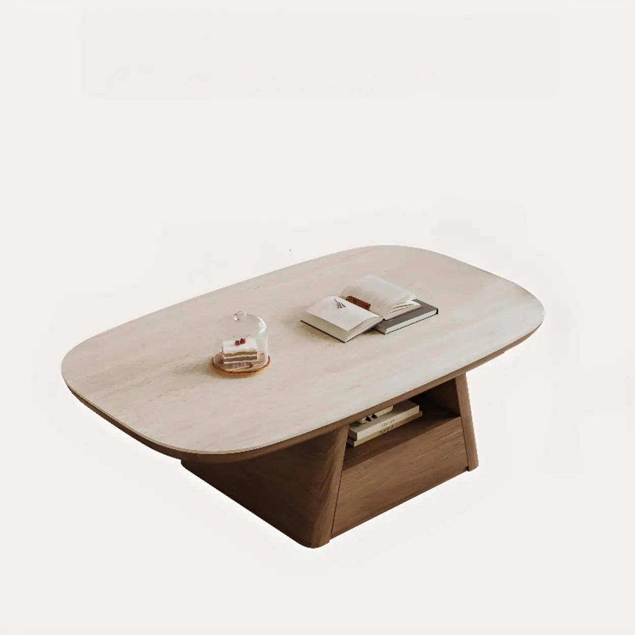 Beige Wood Rectangular Nesting Coffee Table with Drawer — Travertine / Pedestal