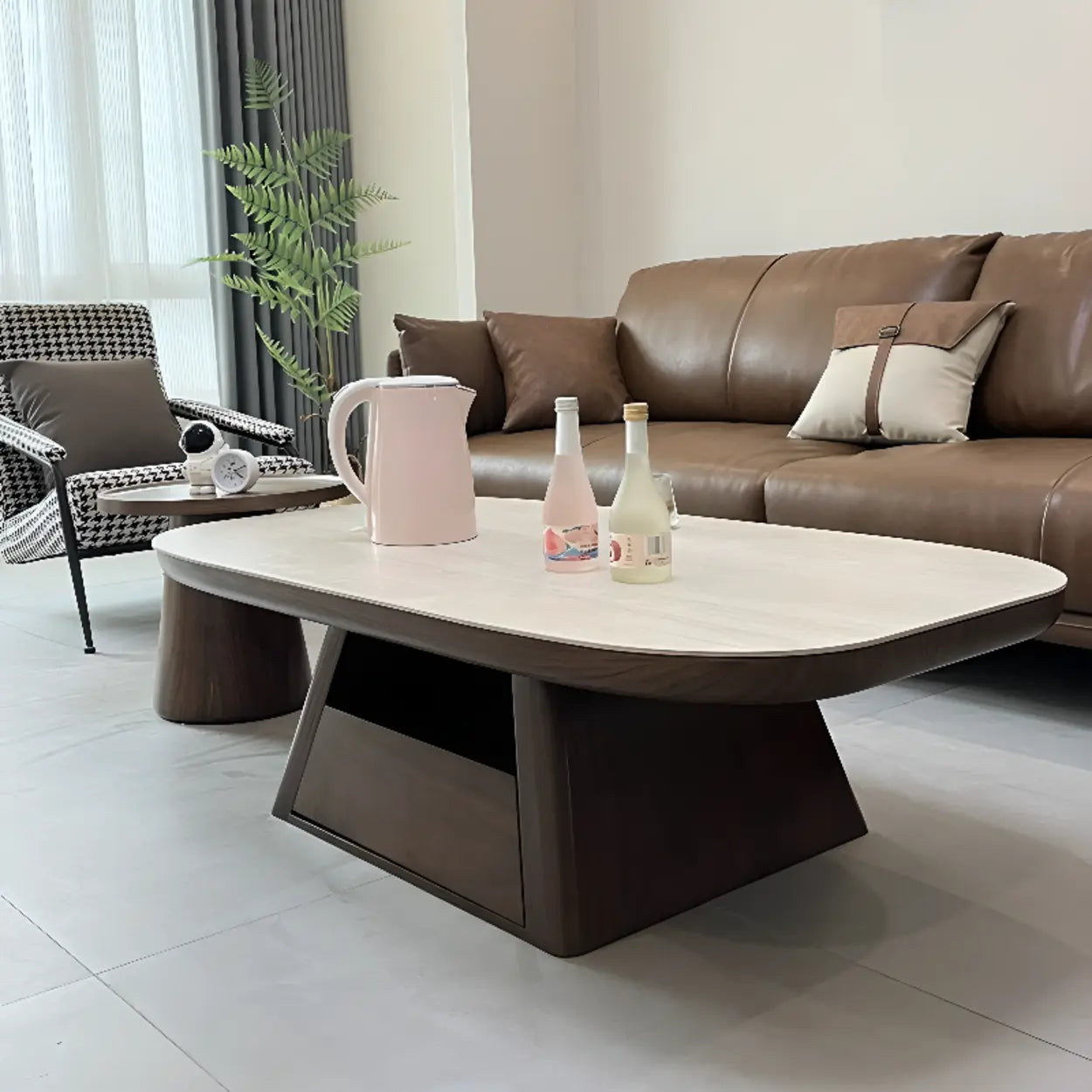 Beige Wood Rectangular Nesting Coffee Table with Drawer — Wood / Pedestal