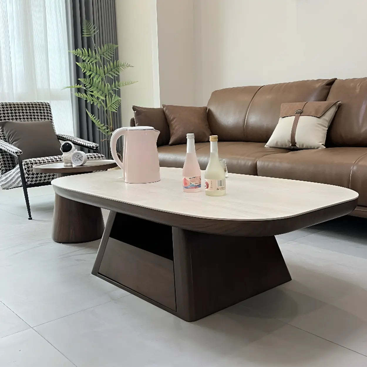 Beige Wood Rectangular Nesting Coffee Table with Drawer — Wood / Pedestal