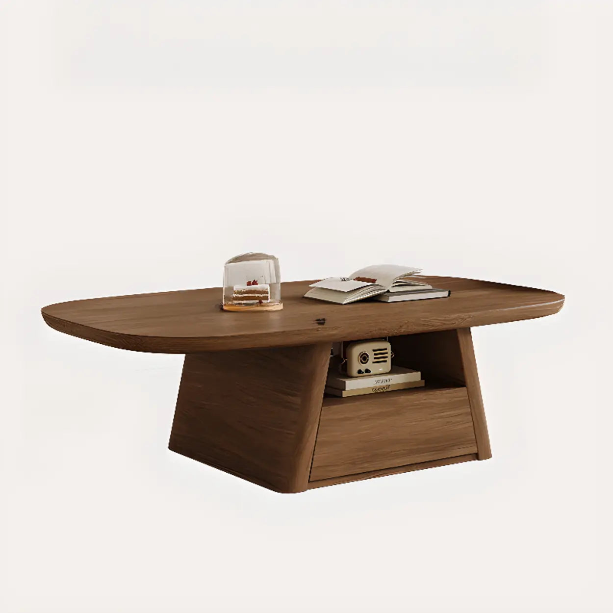 Beige Wood Rectangular Nesting Coffee Table with Drawer — Wood / Double Pedestal