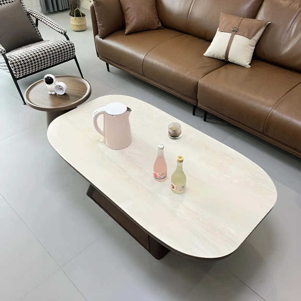 Beige Wood Rectangular Nesting Coffee Table with Drawer — Travertine / Pedestal