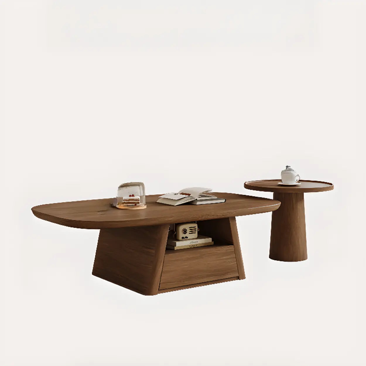 Beige Wood Rectangular Nesting Coffee Table with Drawer