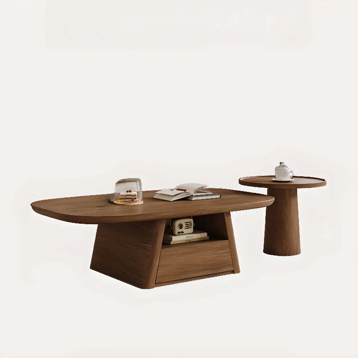 Wood stone drawer rectangular coffee tables - modern