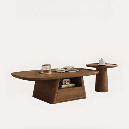 Beige Wood Rectangular Nesting Coffee Table with Drawer