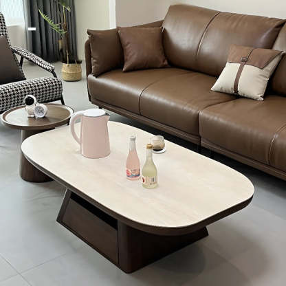Beige Wood Rectangular Nesting Coffee Table with Drawer