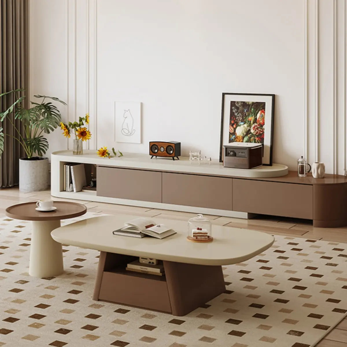 Beige Wood Block-Base Nesting Coffee Table