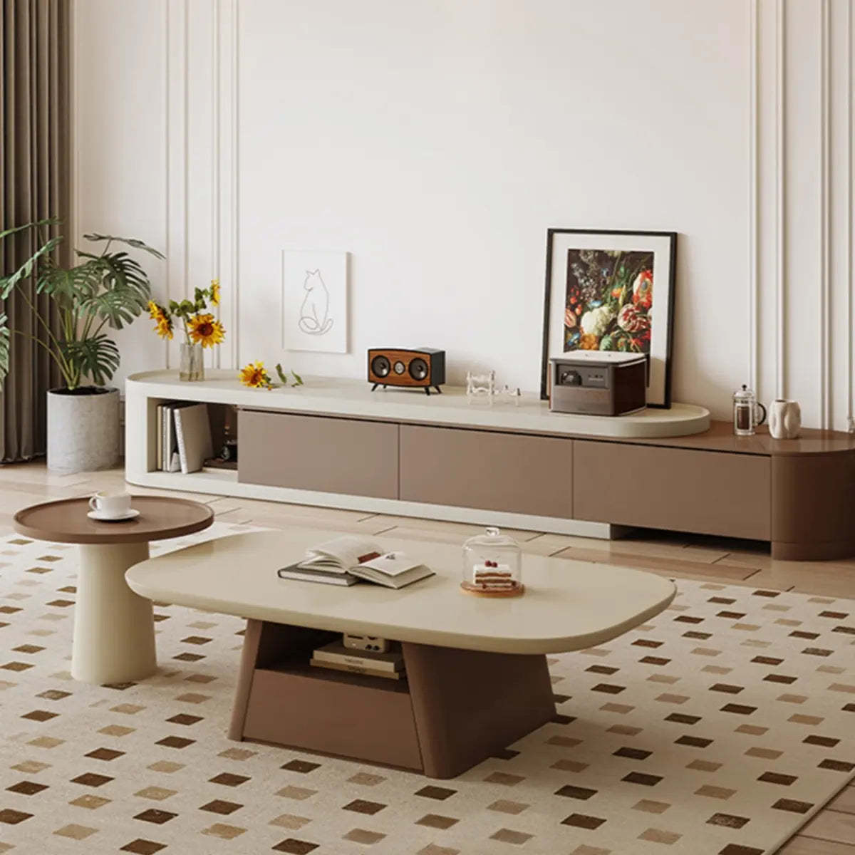Beige Wood Block-Base Nesting Coffee Table — Black-White