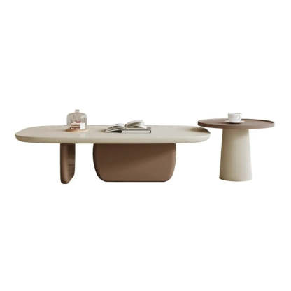 Beige Wood Block-Base Nesting Coffee Table — Black-White