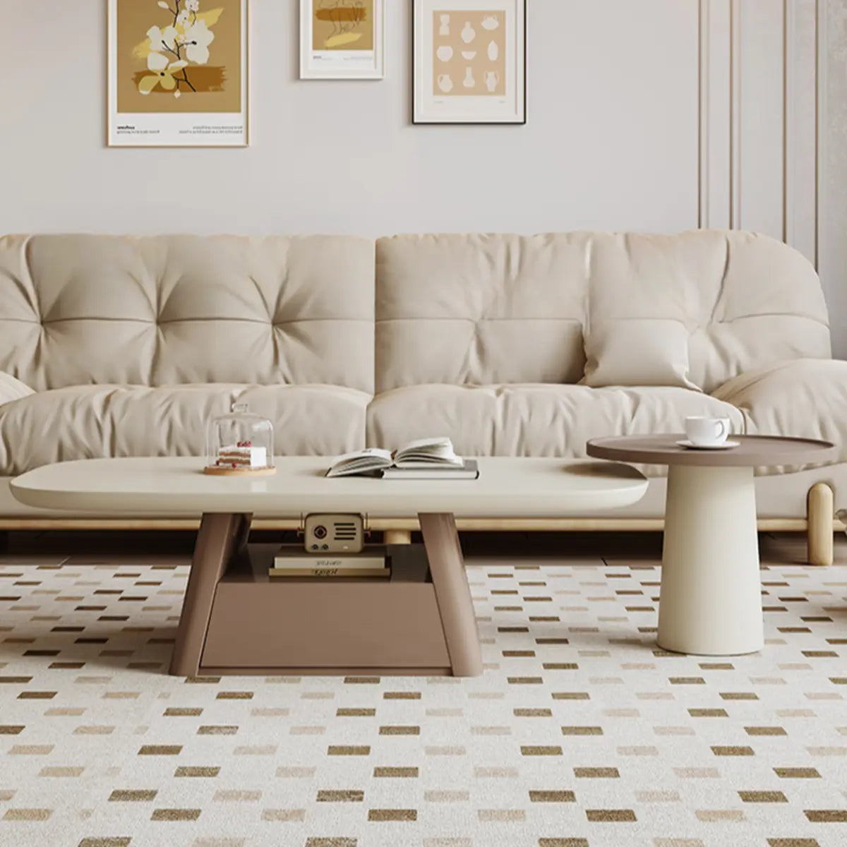 Beige Wood Block-Base Nesting Coffee Table — Khaki/ Brown