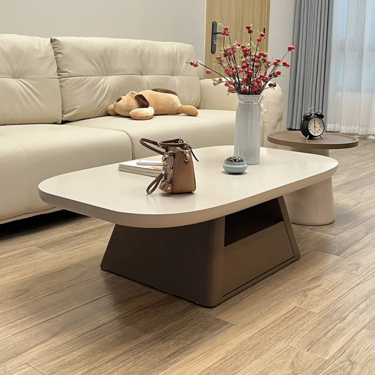 Beige Wood Block-Base Nesting Coffee Table — Black-White
