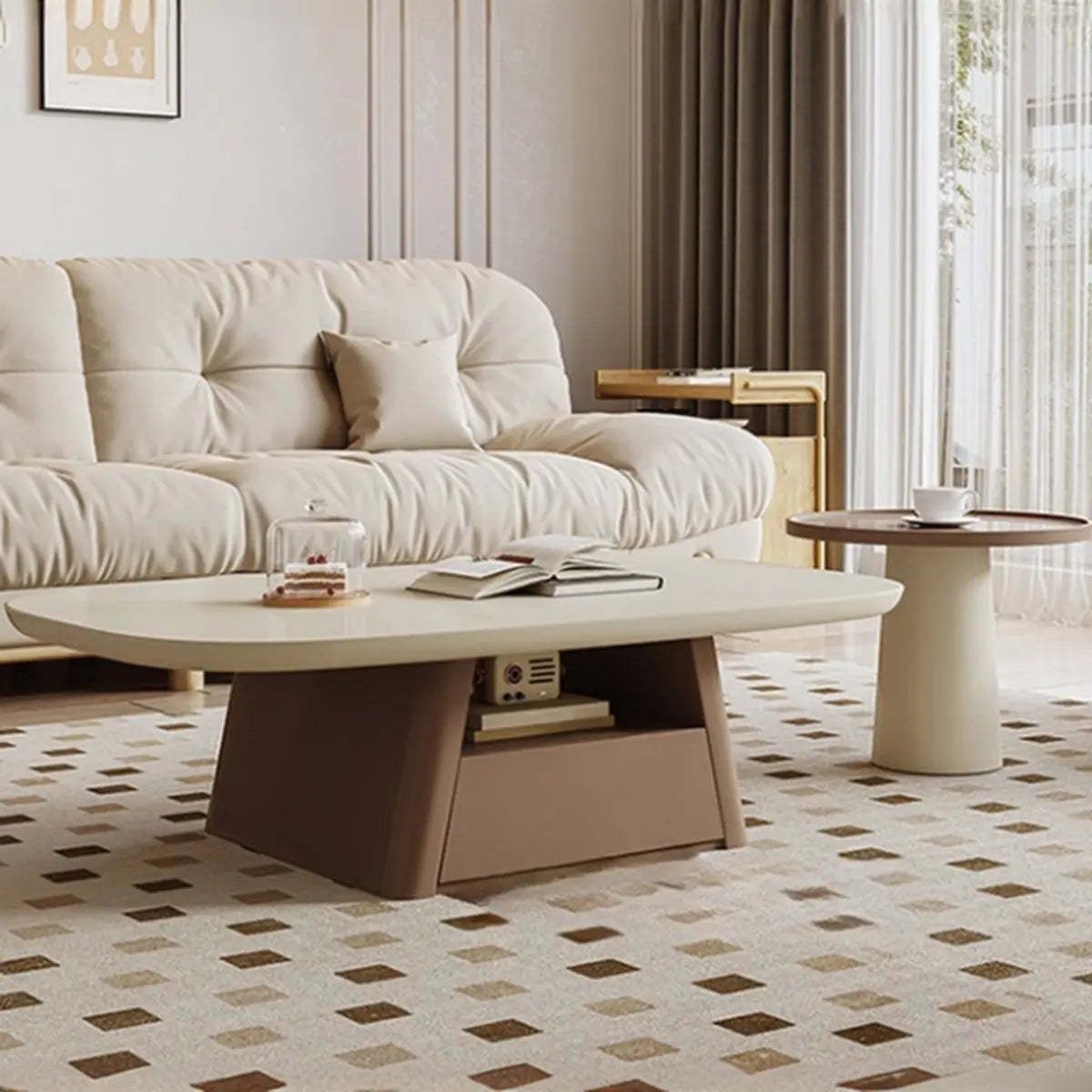Beige Wood Block-Base Nesting Coffee Table — Khaki/ Brown