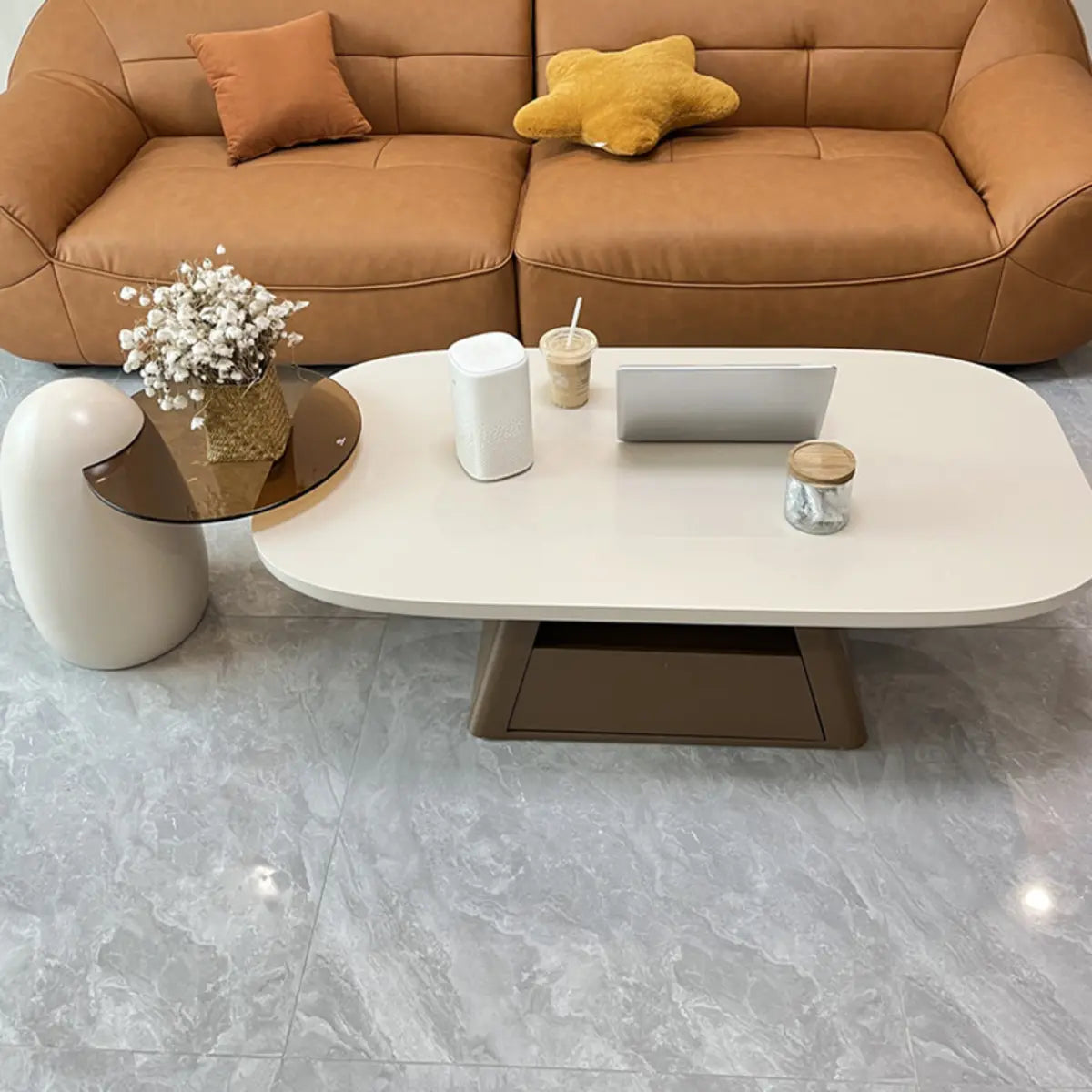 Beige Wood Block-Base Nesting Coffee Table — Khaki/ Brown