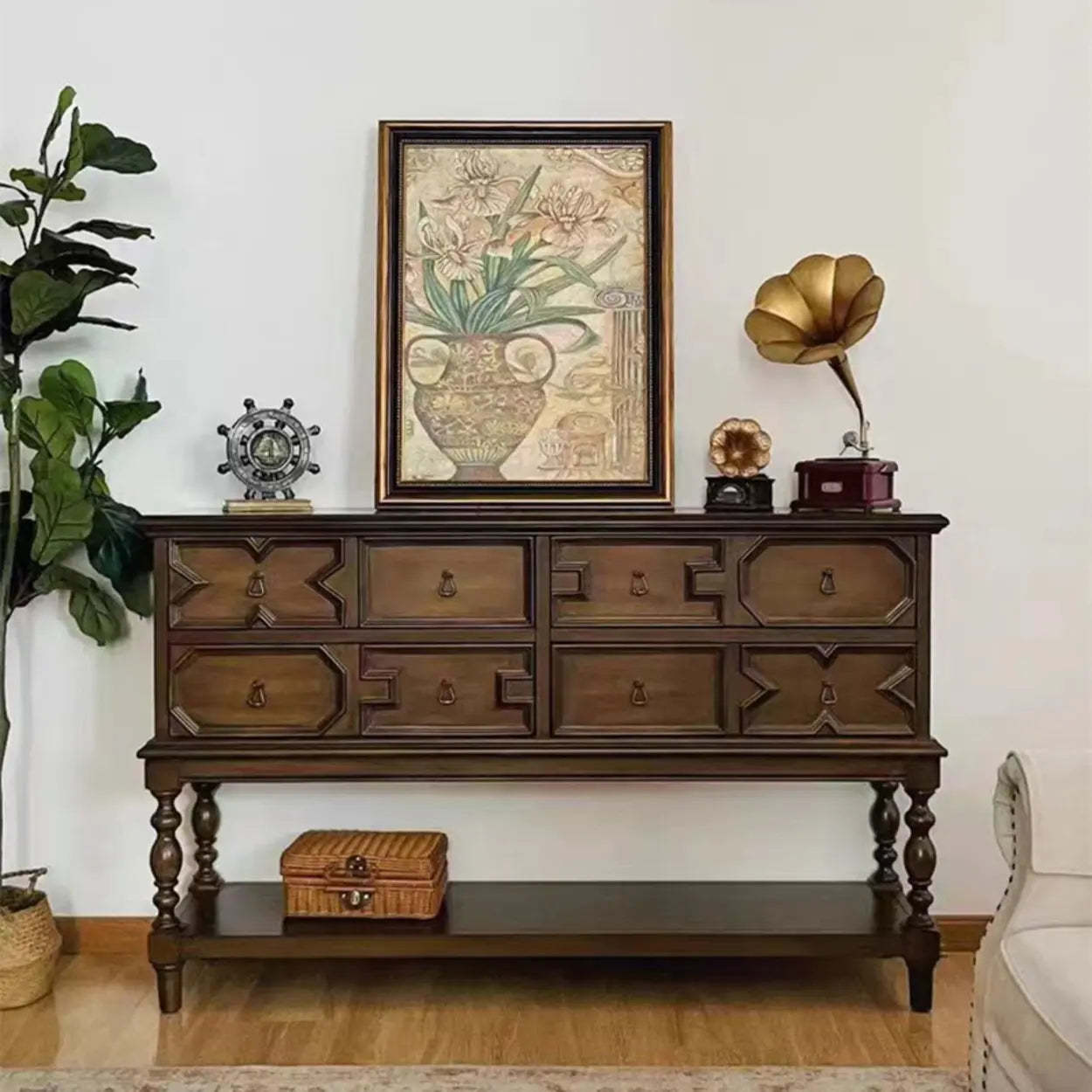 Dark Birch Wood Console Table with Floor Shelf — Chocolate
