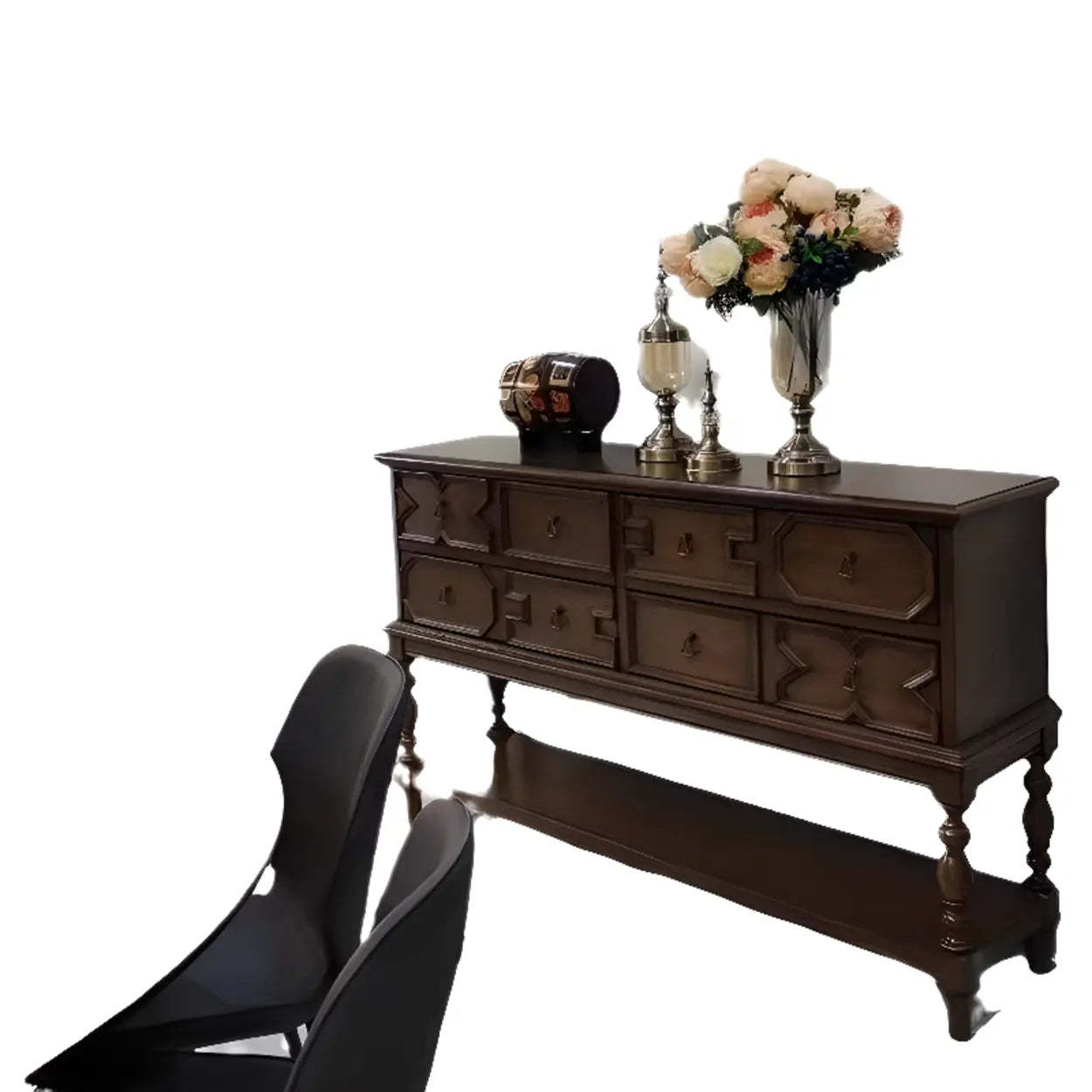 Dark Birch Wood Console Table with Floor Shelf