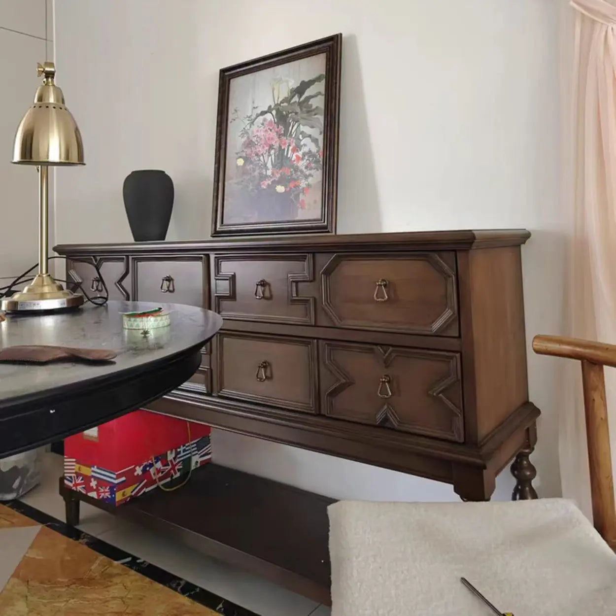Dark Birch Wood Console Table with Floor Shelf