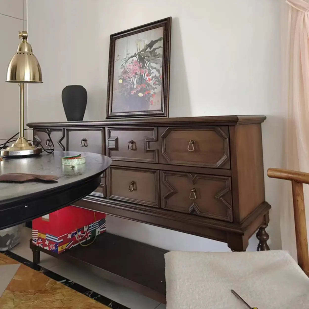 Dark Birch Wood Console Table with Floor Shelf