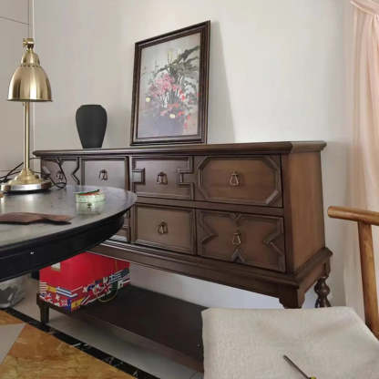 Dark Birch Wood Console Table with Floor Shelf