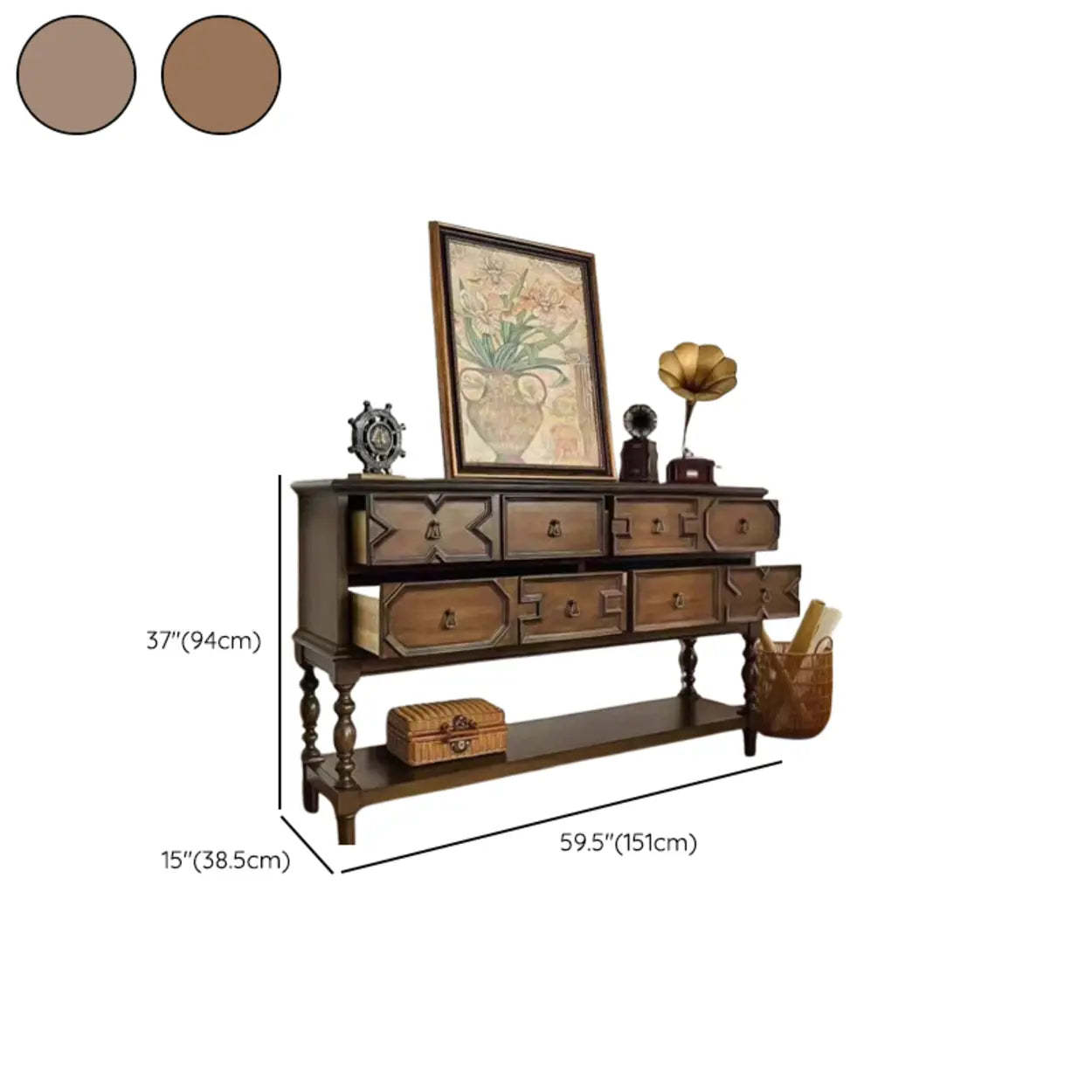 Dark Birch Wood Console Table with Floor Shelf