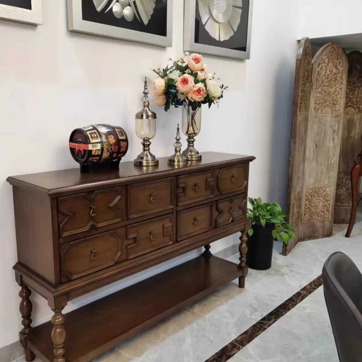Dark Birch Wood Console Table with Floor Shelf — Black Walnut