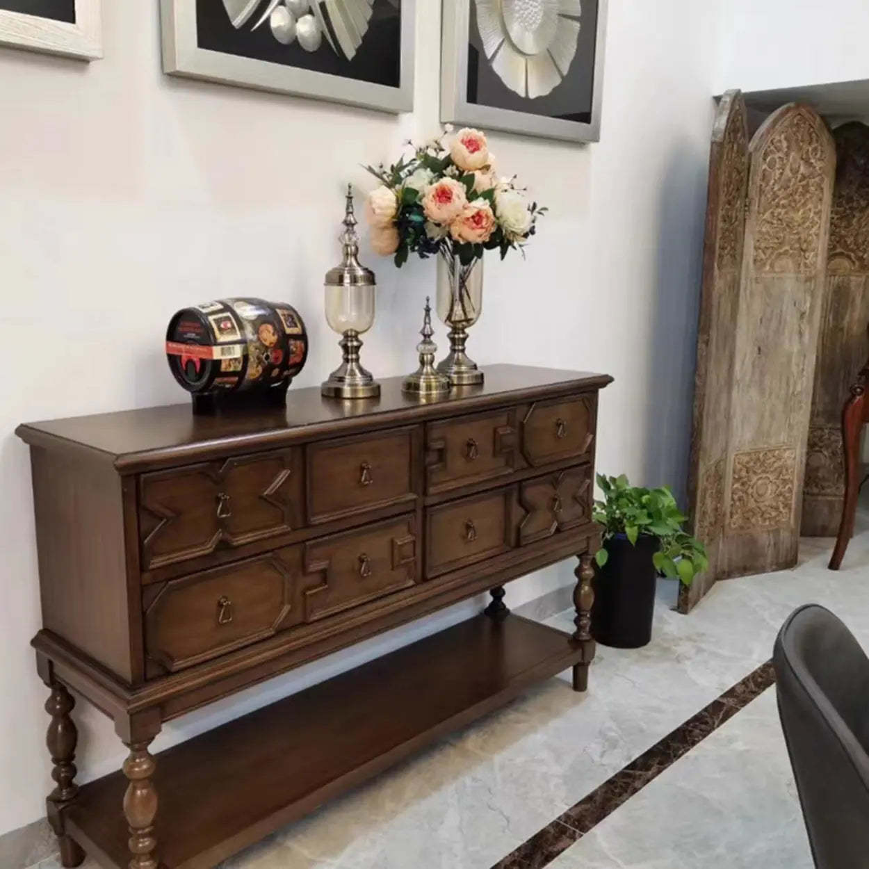 Dark Birch Wood Console Table with Floor Shelf — Black Walnut