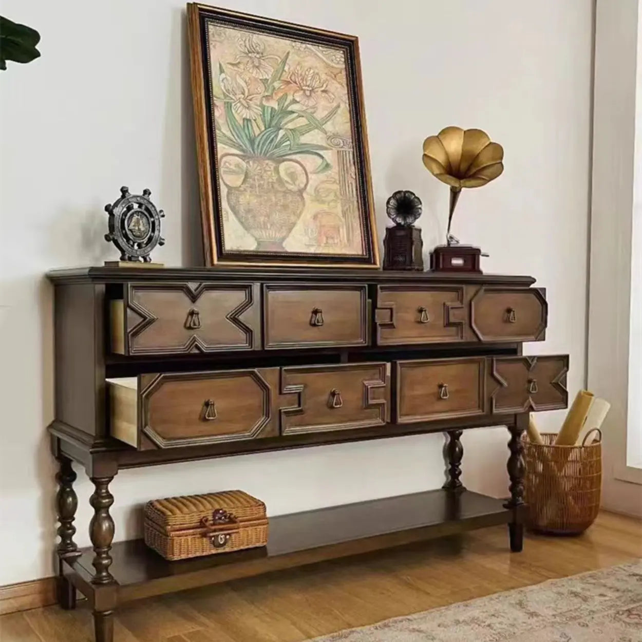 Dark Birch Wood Console Table with Floor Shelf