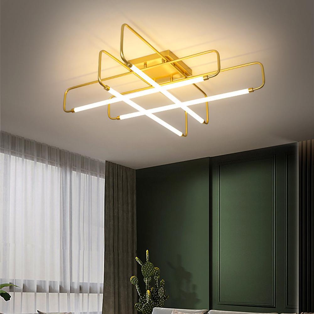 Modern lantern geometric black synthetic semi-flush mount light — 22" W x 8" H / Warm White (3000K) / Brushed Gold