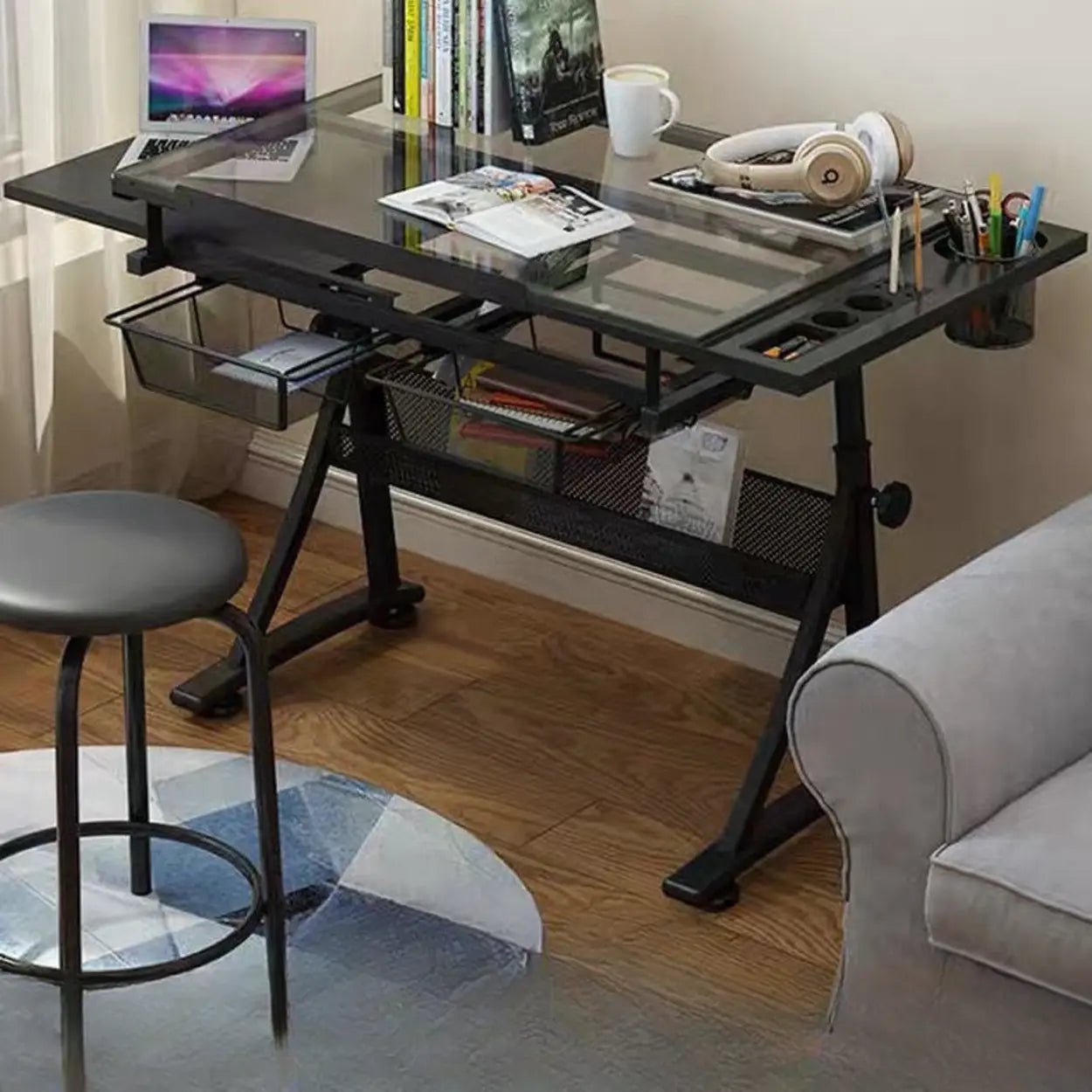 Black Adjustable Glass Drafting Desk with Storage