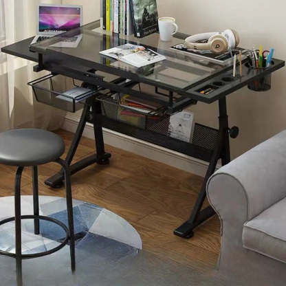 Black Adjustable Glass Drafting Desk with Storage — Glass / Table Only