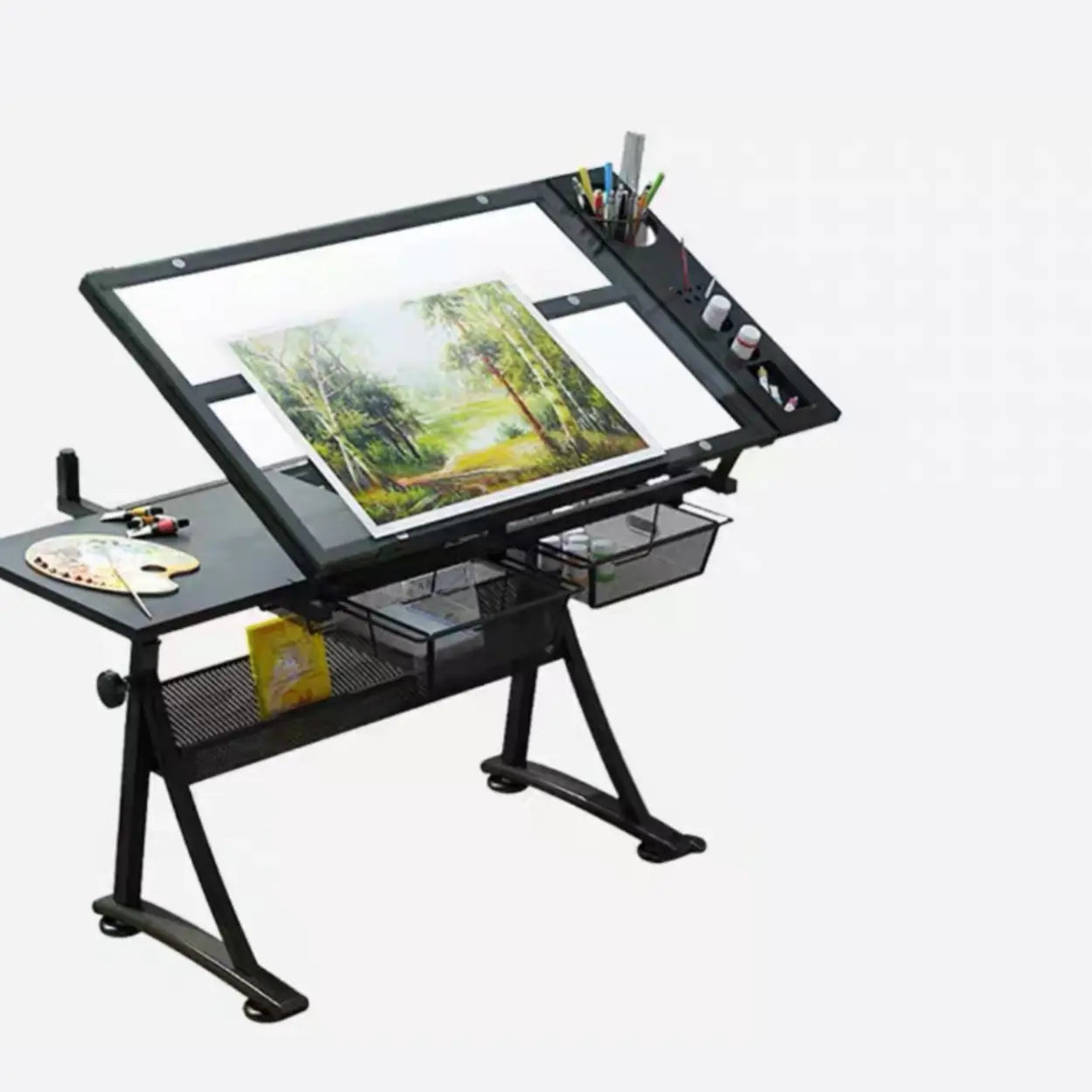 Black Adjustable Glass Drafting Desk with Storage — Wood / Table Only