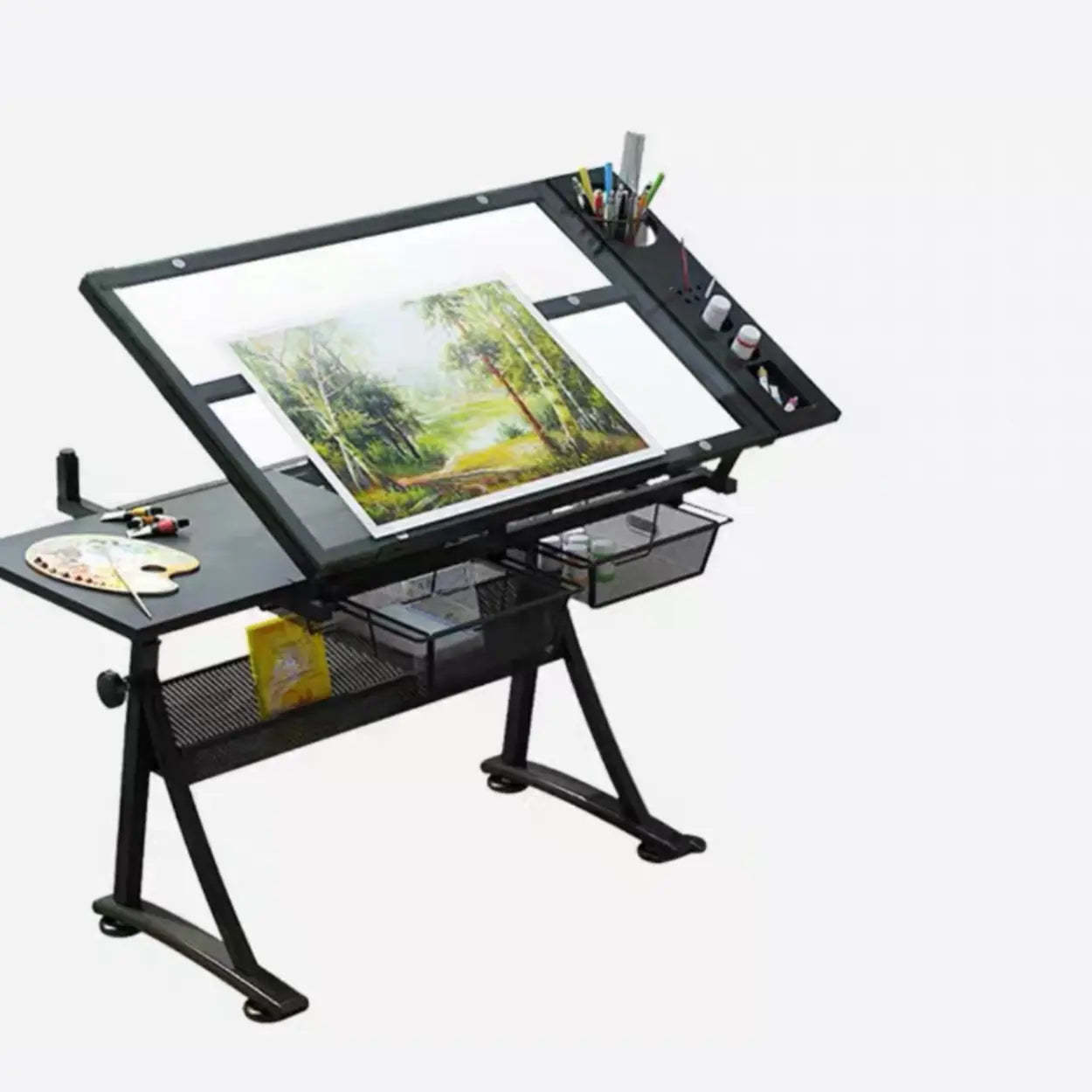 Black Adjustable Glass Drafting Desk with Storage — Wood / Table Only