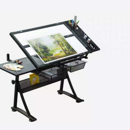 Black Adjustable Glass Drafting Desk with Storage — Wood / Table Only
