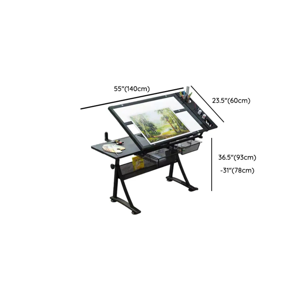 Black Adjustable Glass Drafting Desk with Storage