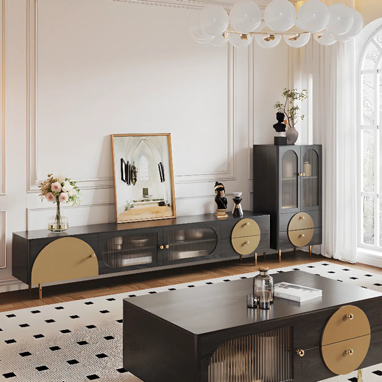 Black Ash Wood Rectangular TV Stand with Drawers