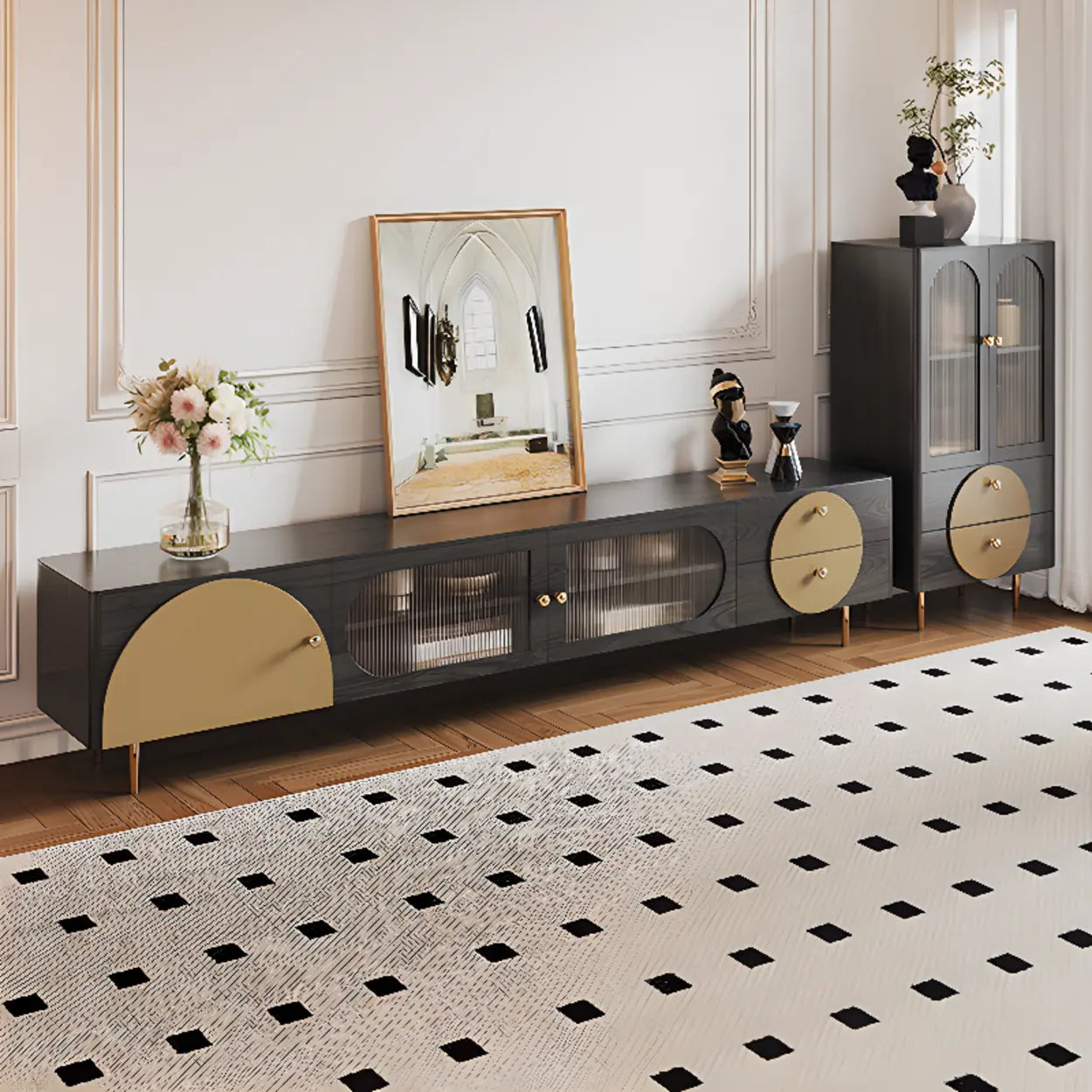 Black Ash Wood Rectangular TV Stand with Drawers