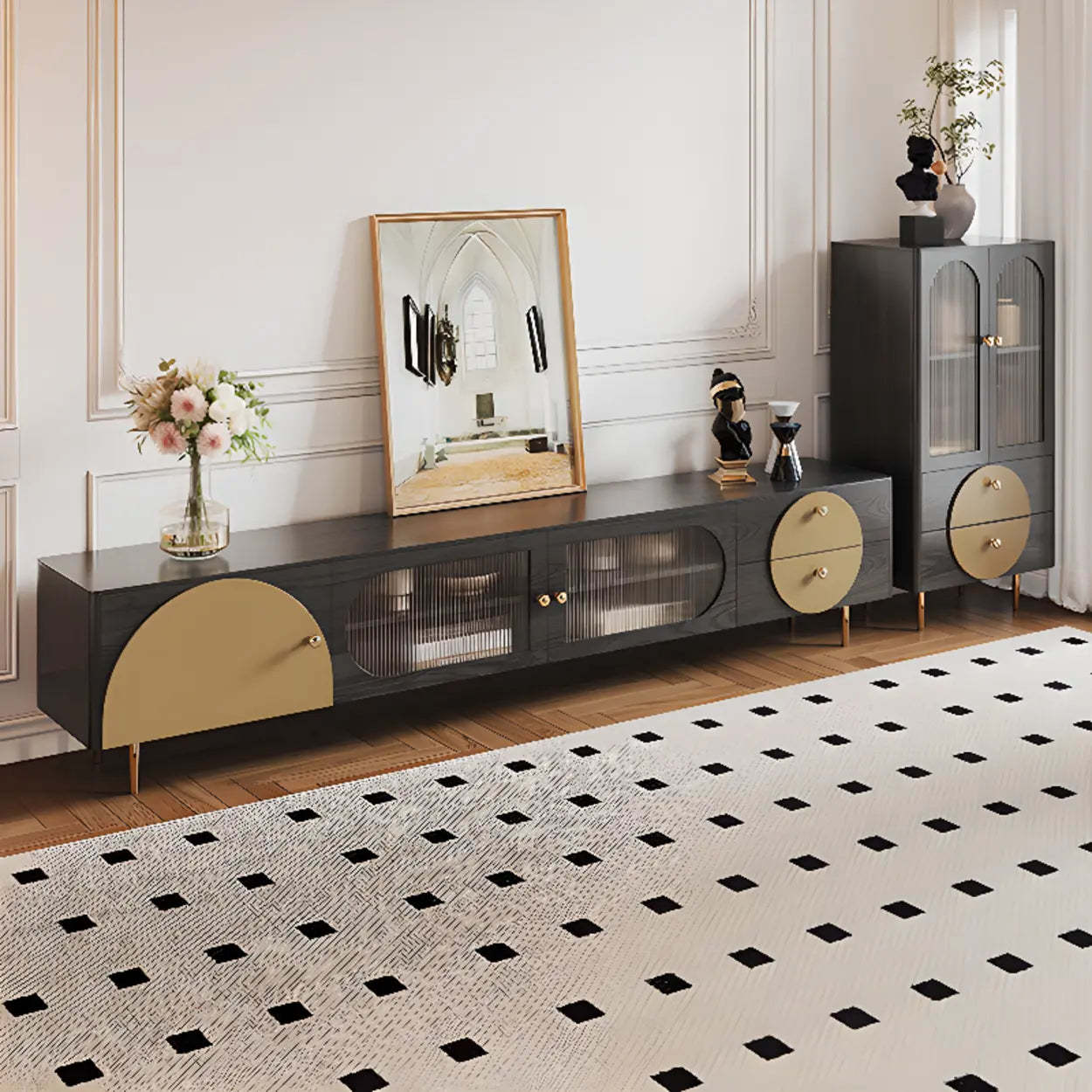 Black Ash Wood Rectangular TV Stand with Drawers