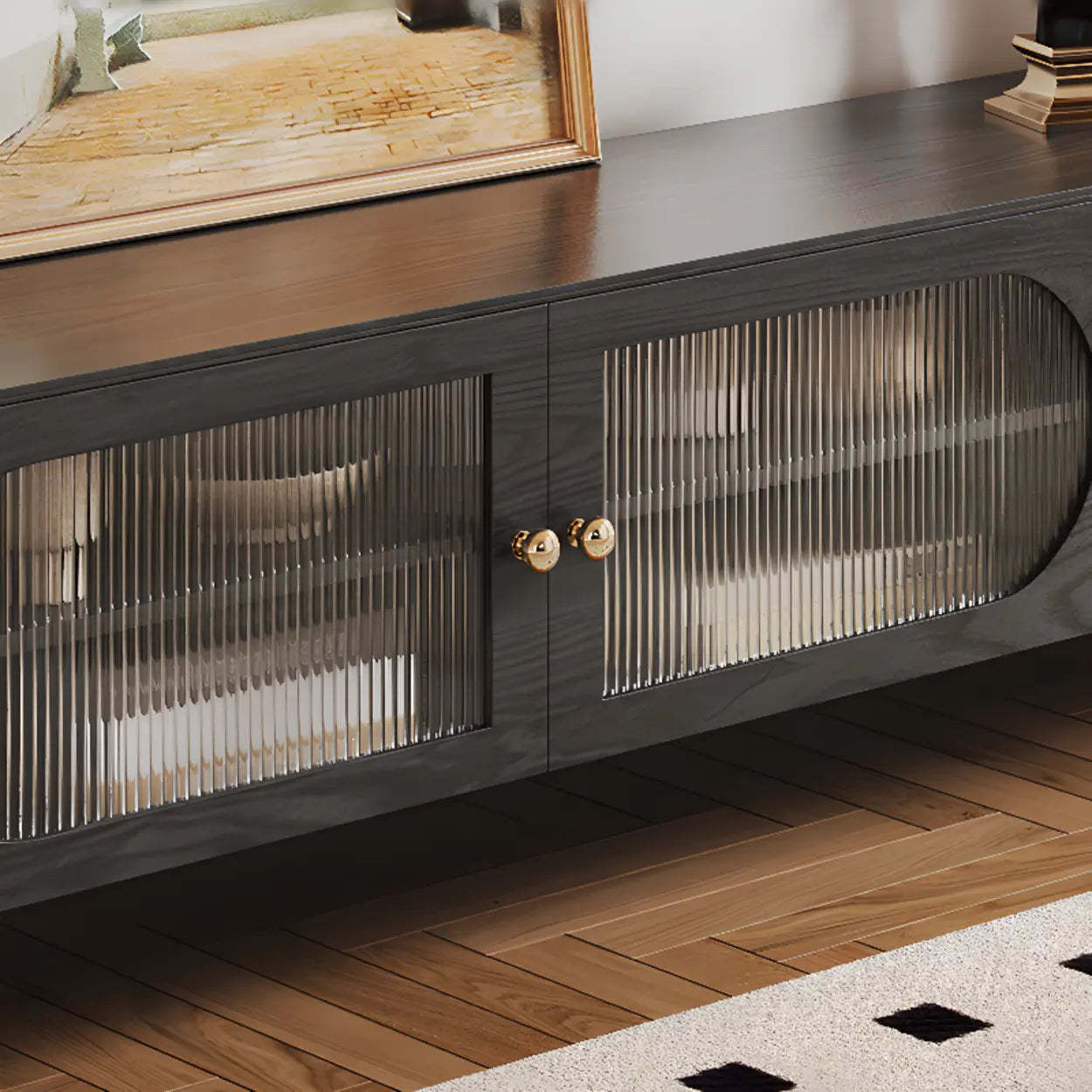 Black Ash Wood Rectangular TV Stand with Drawers