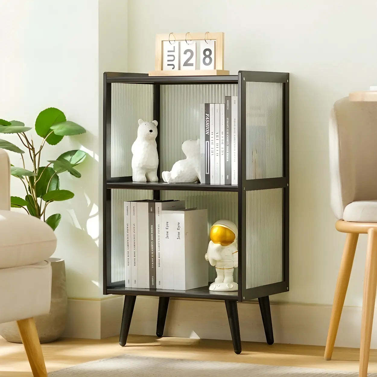 Black Bamboo Rectangular Tall Curio Display Cabinet