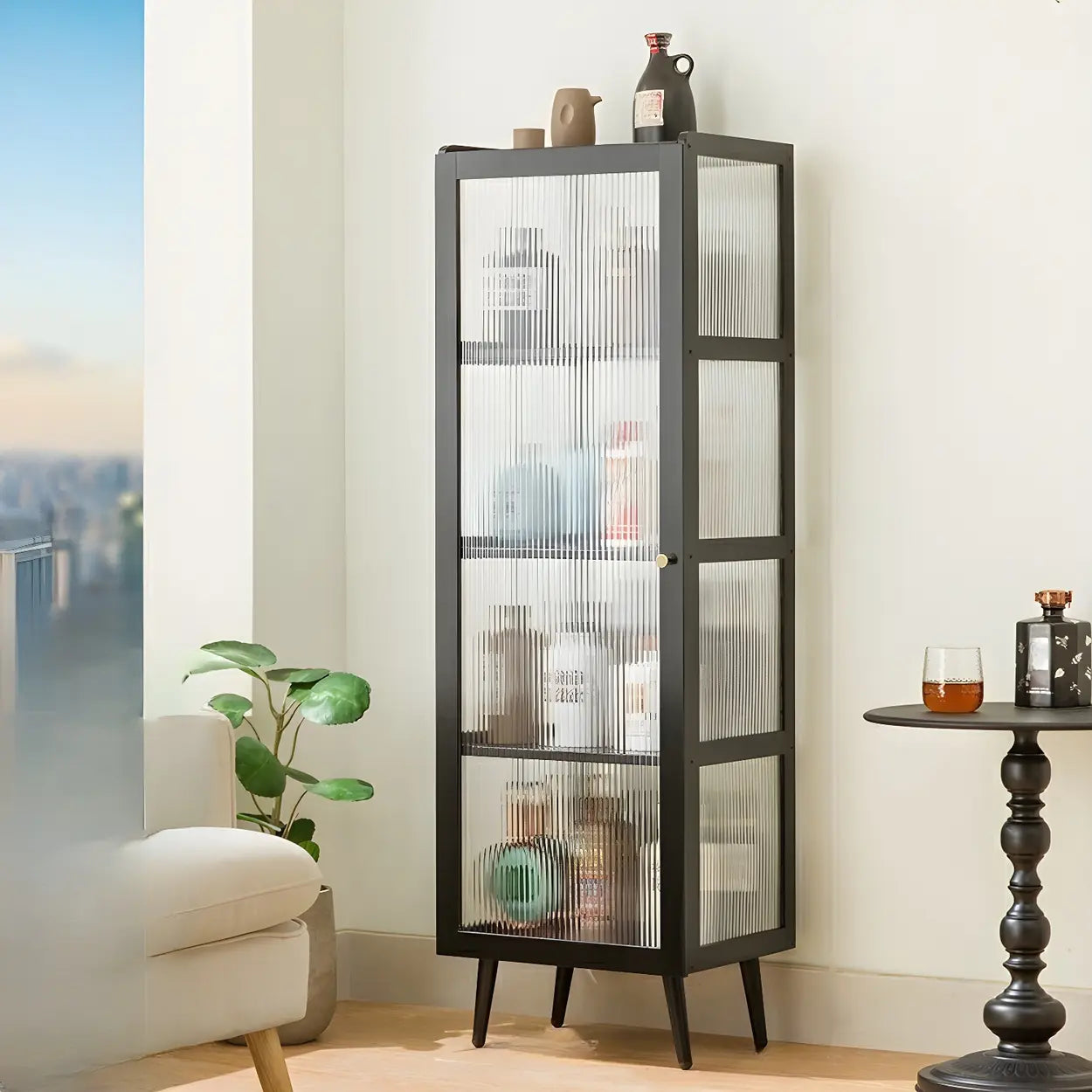 Black Bamboo Rectangular Tall Curio Display Cabinet — Door Included
