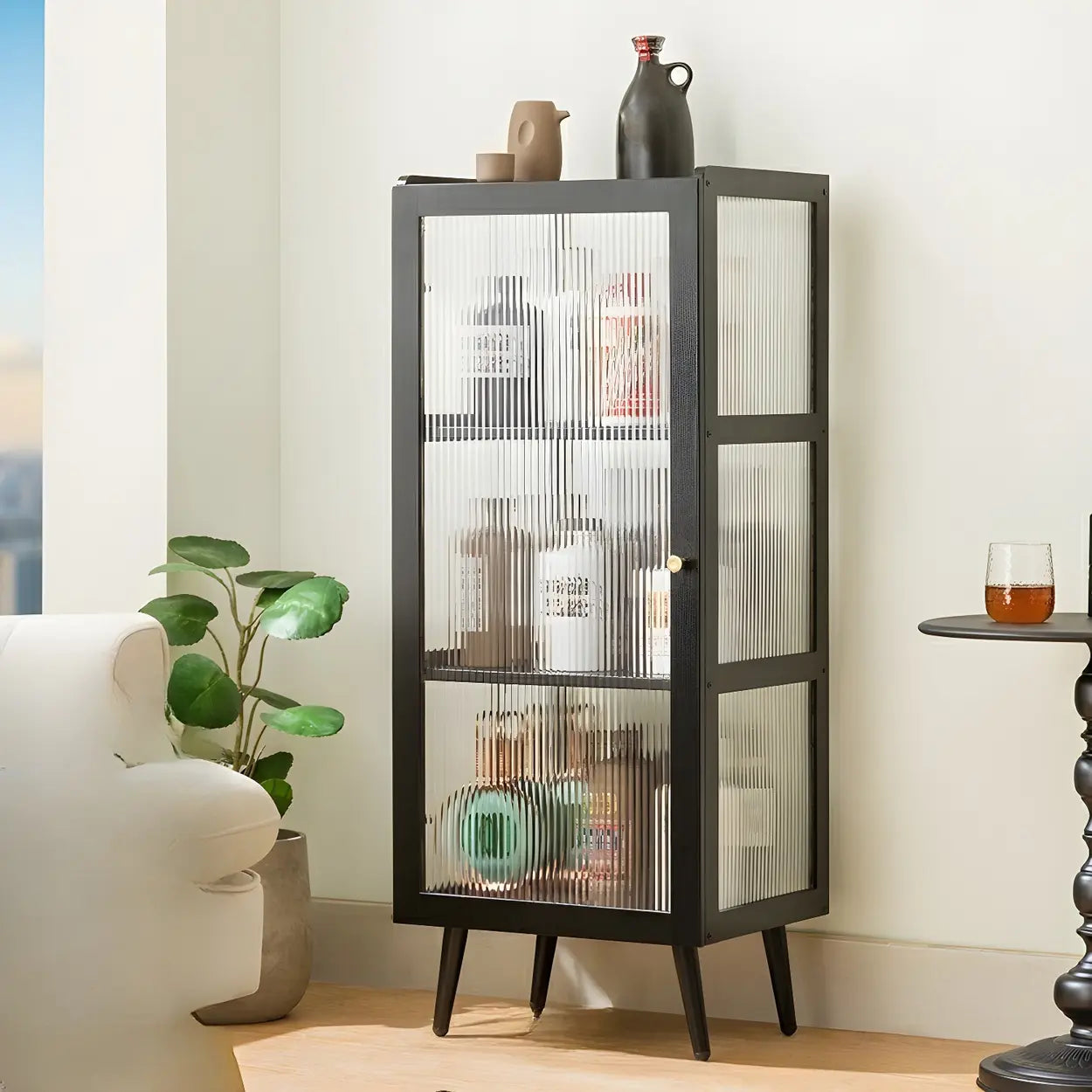 Black Bamboo Rectangular Tall Curio Display Cabinet — Door Not Included