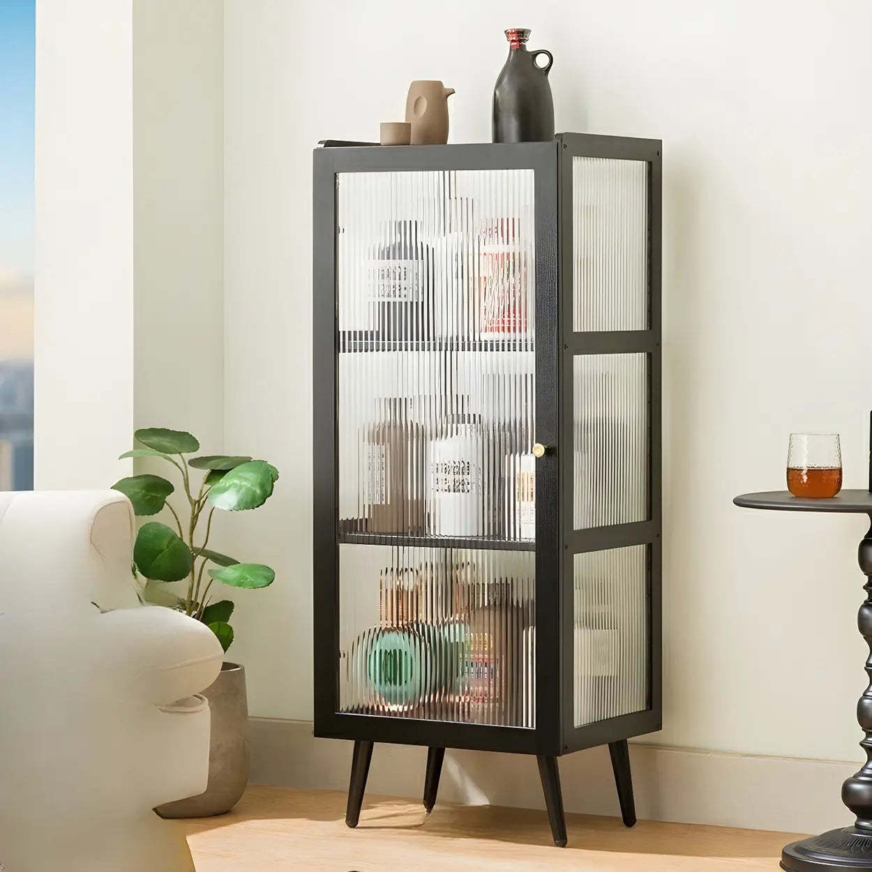 Black Bamboo Rectangular Tall Curio Display Cabinet — Door Not Included