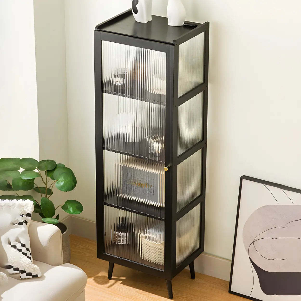 Black Bamboo Rectangular Tall Curio Display Cabinet — Door Included