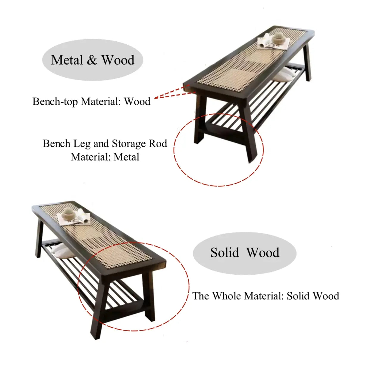Black Bedroom Bench with Shoe Storage — White (Metal & Wood) / Storage Not Included