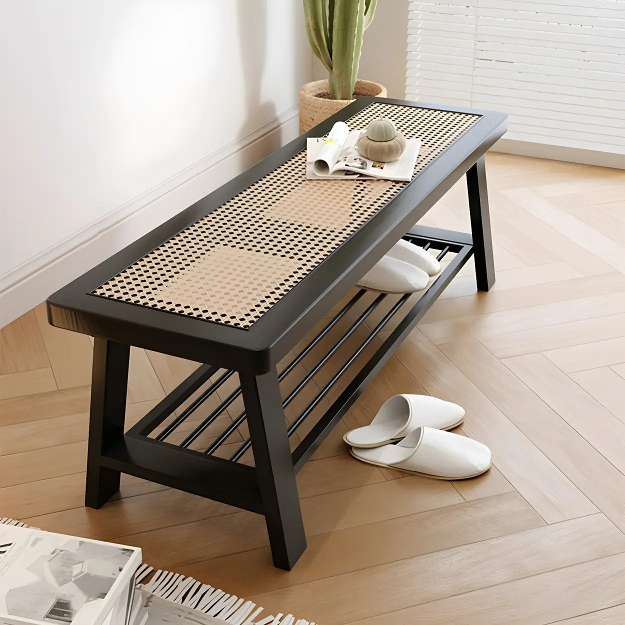Black Bedroom Bench with Shoe Storage — Black (Metal & Wood) / Storage Included