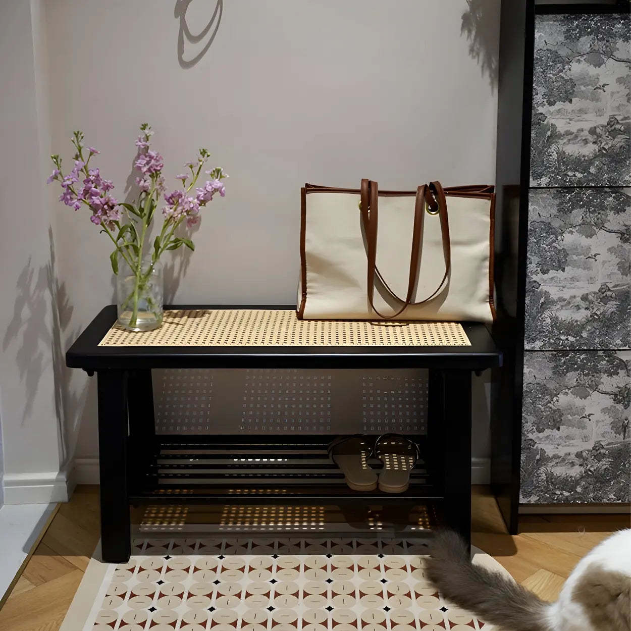 Black Bedroom Bench with Shoe Storage — Black (Metal & Wood) / Storage Included