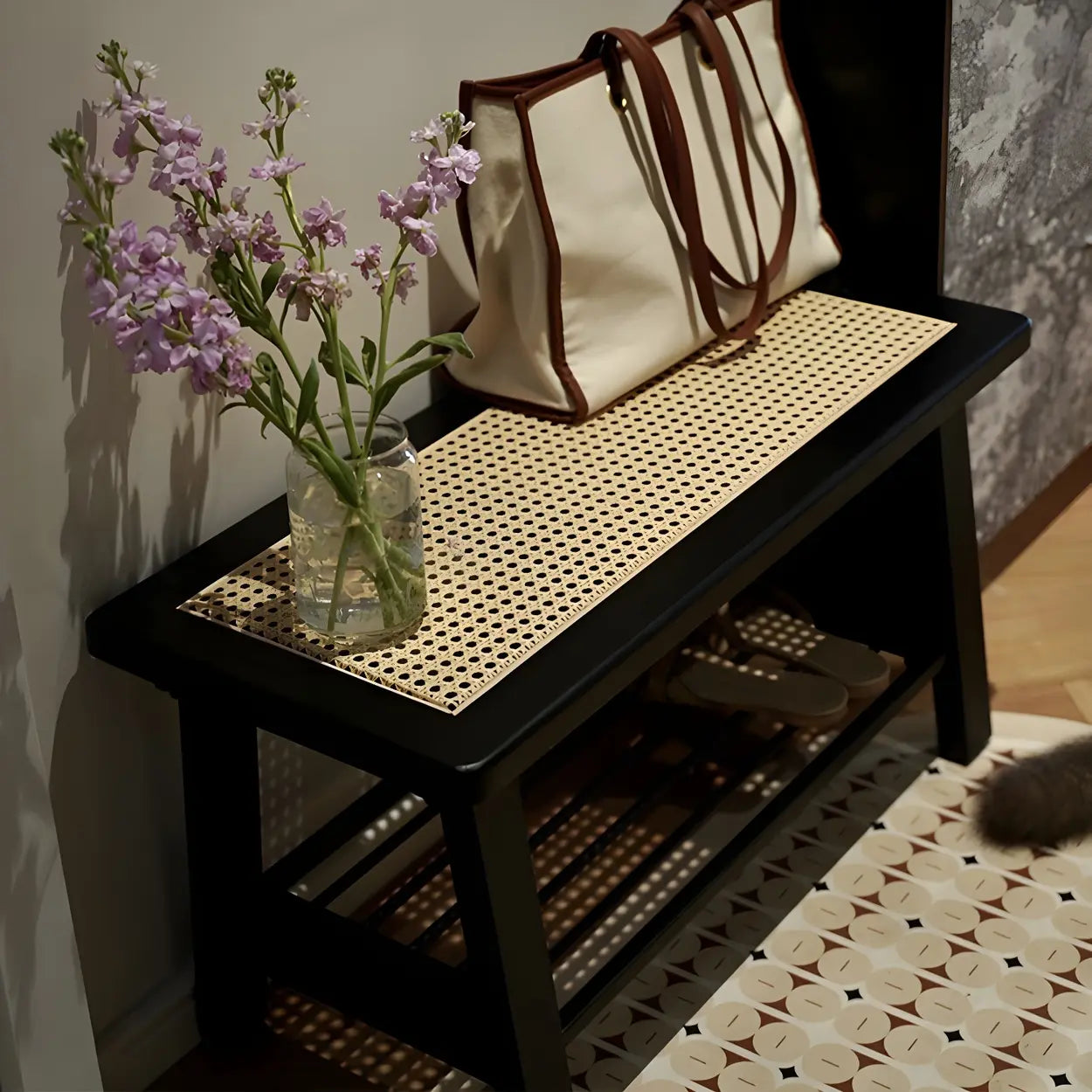 Black Bedroom Bench with Shoe Storage — Black (Metal & Wood) / Storage Included